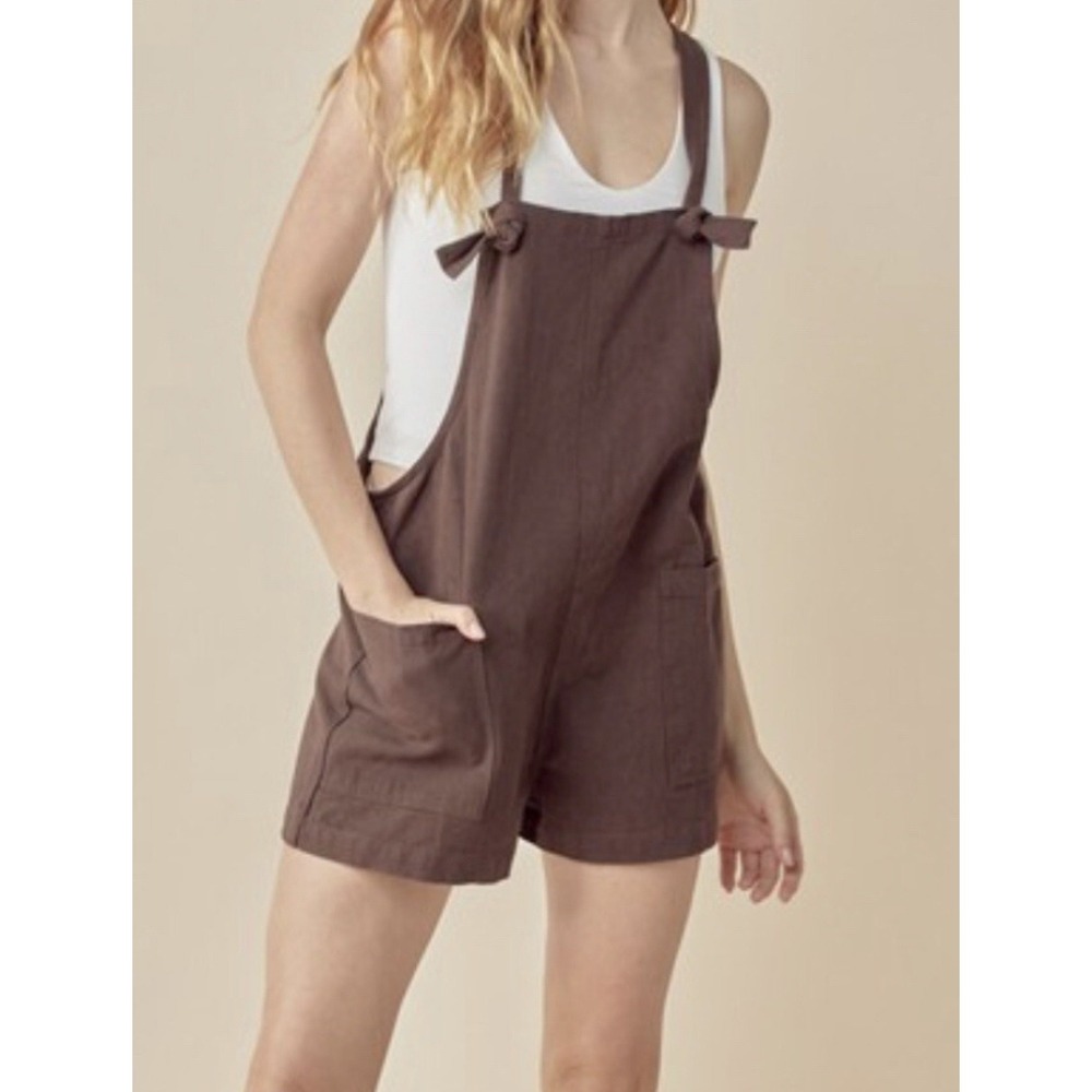 Zenana Ready Or Knot‎ Woven Romper Brown Overall Shorts 7302A5 Small